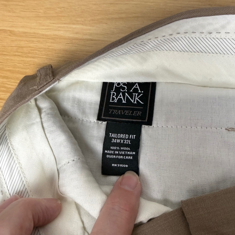 Jos. A. Bank Traveler Tailored Fit Tan Wool Dress Pants 34W x 32L RN31608 - Picture 4 of 8